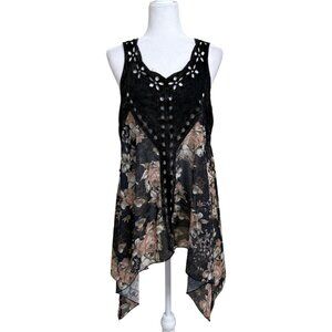 Origami By Vivian Black Floral Sleeveless Top Lace Asymmetrical Womens Size L/XL